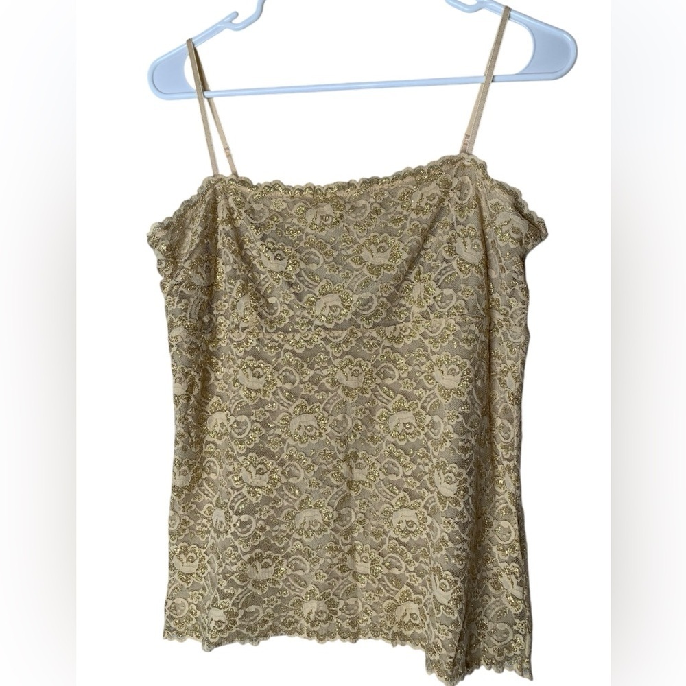 Gold Metallic Lace Overlay Trim Lined Cami Top Size L Y2K Romantic‎ 90’s Dainty
